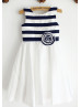 Ivory And Navy Blue Striped Taffeta Flower Girl Dress With Flower